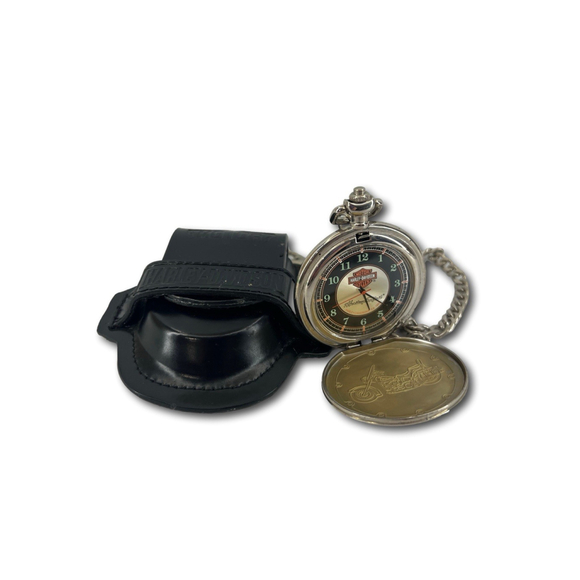 Harley-Davidson Heritage Softail Pocket Watch Chain Black Carrying Case Bikercor